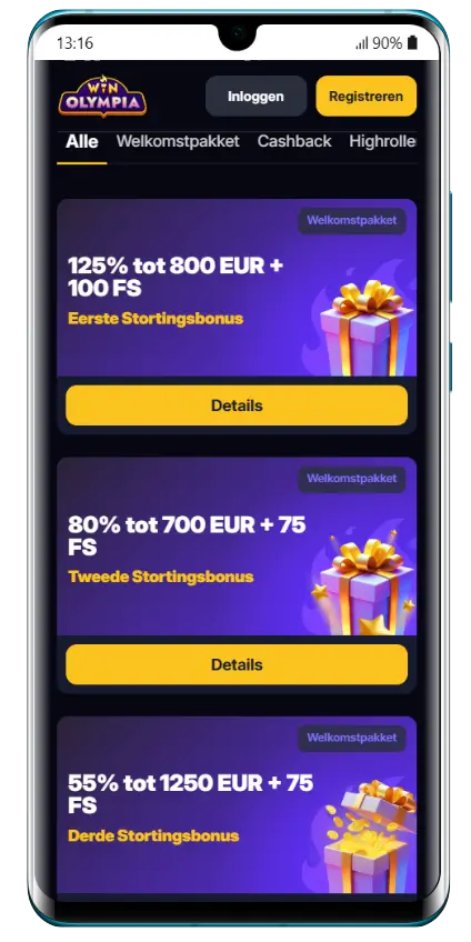 WinOlympia Casino – Welkomstbonussen en stortingspromoties WinOlympia bonuspagina met drie welkomstpakketten: 125% tot 800 EUR + 100 FS, 80% tot 700 EUR + 75 FS en 55% tot 1250 EUR + 75 FS op mobiel