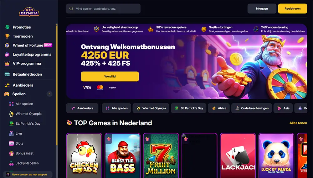 WinOlympia Casino – Officiële website homepage WinOlympia casino startpagina met welkomstbonus van 4250 EUR en 425 FS, navigatiemenu met promoties, toernooien en spelcategorieën, en top games sectie voor Nederland