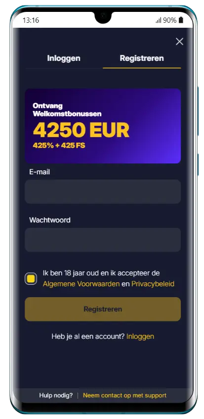 WinOlympia Casino – Registratie en accountaanmaak WinOlympia registratieformulier op mobiel met e-mail en wachtwoordveld, welkomstbonus van 4250 EUR en 425 FS, en knop om een account aan te maken