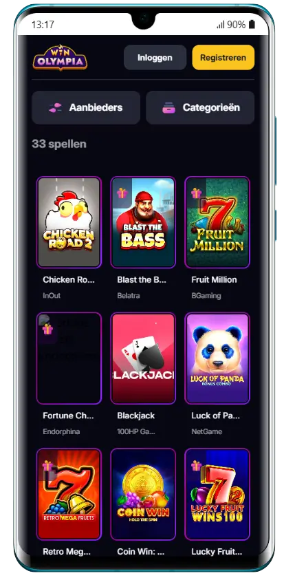 WinOlympia Casino – Spellenoverzicht op mobiel WinOlympia mobiele app met spellenbibliotheek: Chicken Road 2, Blast the Bass, Fruit Million, Blackjack en meer van aanbieders zoals Belatra, BGaming en NetGame